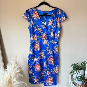 NWT Liza Luxe Floral Flower Kimono Silk Like Blue Above Knee Dress Cocktail